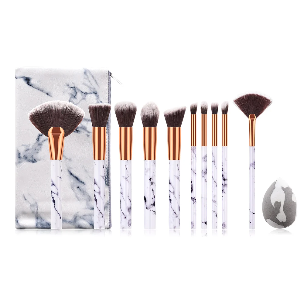 

10 Pcs Makeup Brush Kit with Makeup Blender Sponges Storage Bag Marble Pattern ---MS