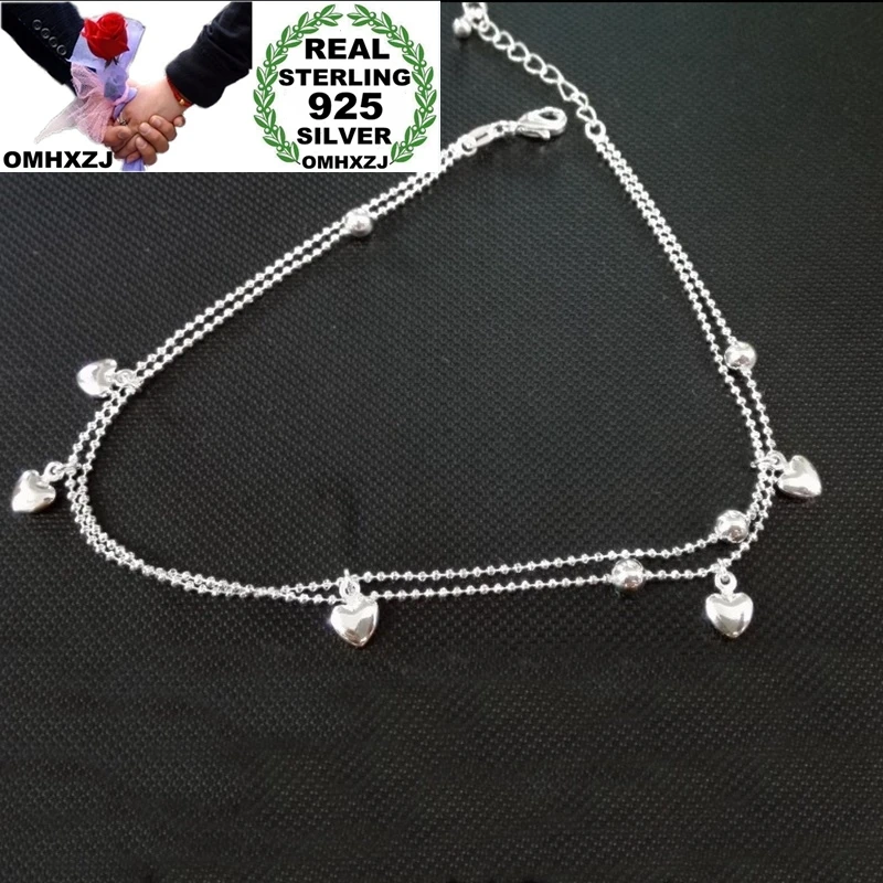 OMHXZJ Wholesale European Fashion Woman Girl Party Birthday Wedding Gift Two Layers Heart Ball 925 Sterling Silver Anklet JA06 OMHXZJ Wholesale European Fashion Woman Girl Party Birthday Wedding Gift Two Layers Heart Ball 925 Sterling Silver Anklet JA06