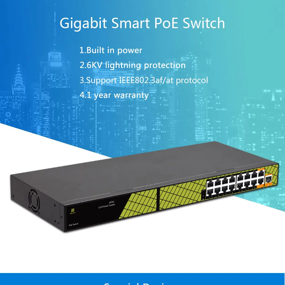 Высокое качество 16 портов переключатель питания по сети Ethernet с 1 гигабитный восходящем и 2 gigabit RJ45 порт PoE для IP Камера