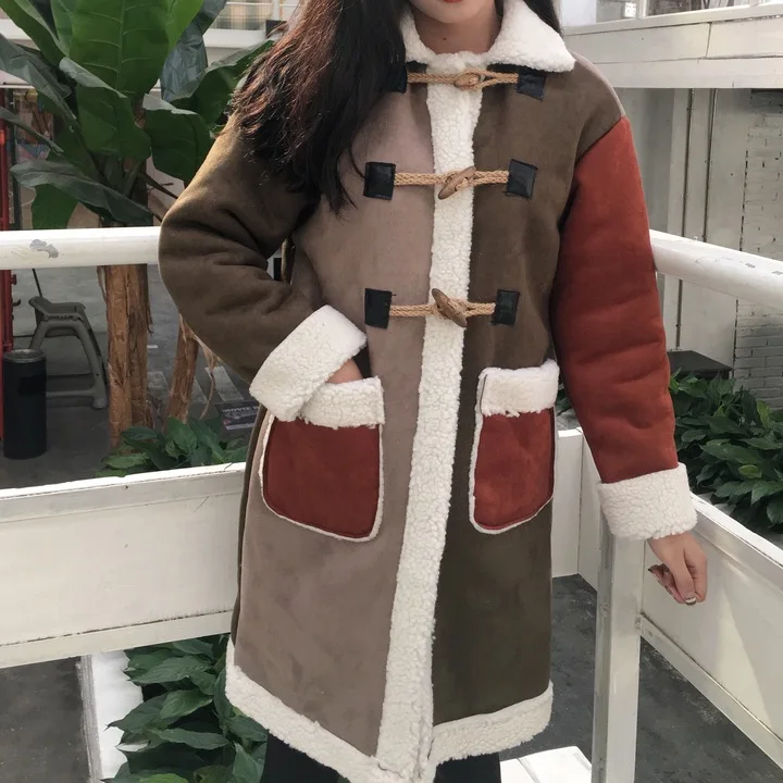 

Free Shipping Color block luckyyy winter suede fabric big berber fleece turn-down collar winter overcoat