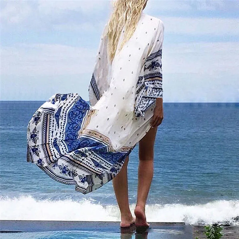Floral Romantic Swimwear Ladies Pareo Beach Cape Sun Bath Beach Wear Dress,Dark Blue,One Size