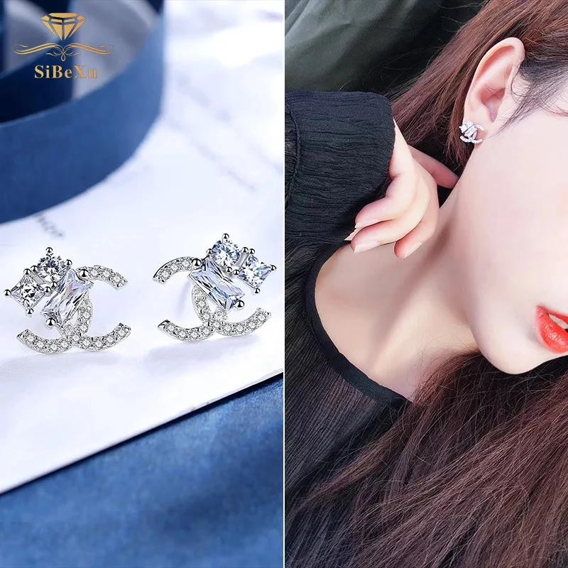 

Women S925 Silver Earrings Geometric Crystal Zircon Fashion Brand Jewelry Wedding Party CC Ear Stud Earring Gift