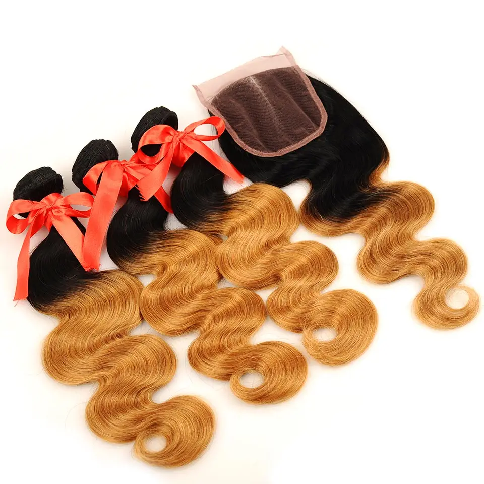 Pinshair Pre-Colored T1B 27 Peruvian Body Wave 3 Bundles With Closure Ombre Human Hair Bundles With Closure Non Remy Extensions (28)
