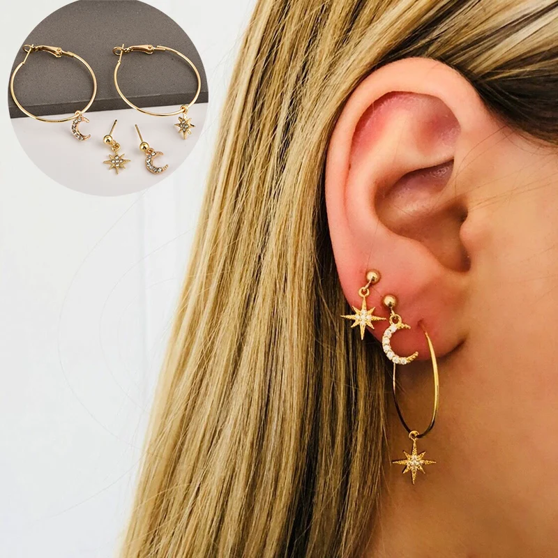 

2018 Popular Crystal Moon Stars Pendant Gold Hoop Earrings Set For Women Statement Earrings Fashion Jewelry