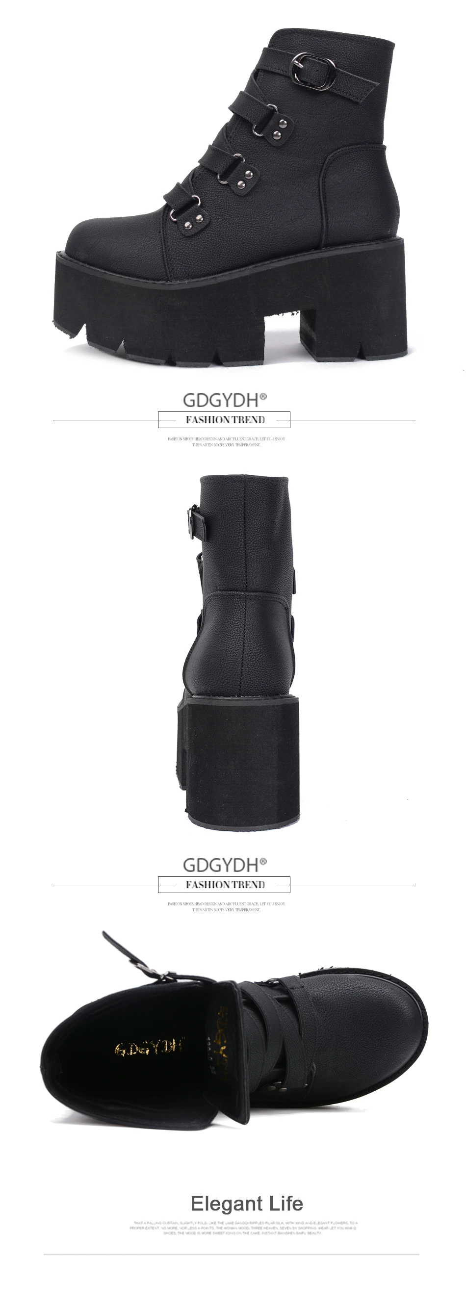 Gdgydh Spring Autumn Ankle Boots Women Platform Boots Rubber Sole Buckle Black Leather PU High Heels Shoes Woman Comfortable