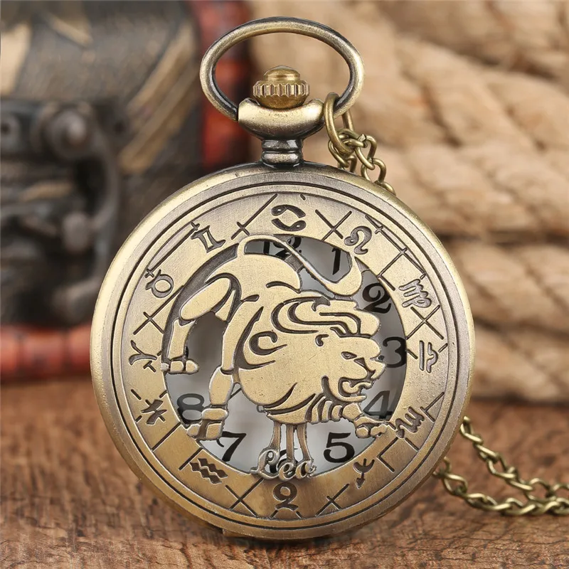 

Twelve constellations Leo Bronze Copper Quartz Pocket Watch Lions Design Pendant Necklace MenS Women Watch Chain Boys Girls Gift