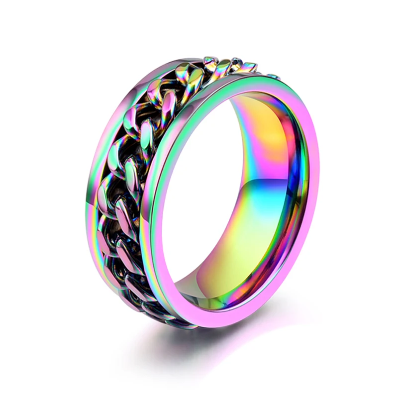 Multicolor Rainbow Ring for Women and Men Stainless Steel Chian Ring