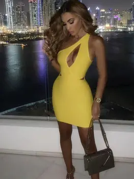 

2019 Mini Dress Sexy Celebrity Backless One-Shoulder Women Hollow Out Sleeveless Night Club Body con Party Dresses Wholesale