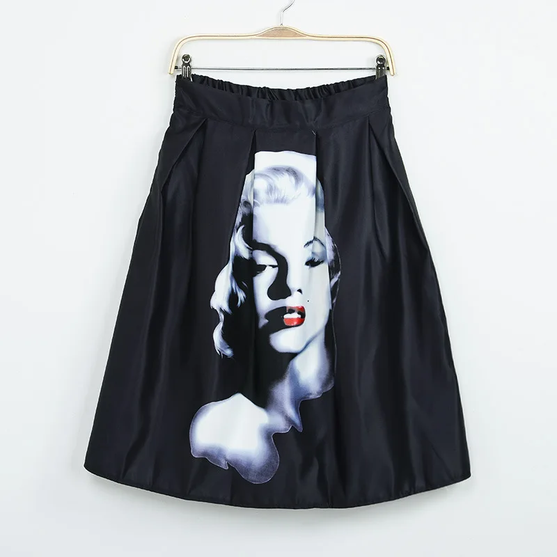 Женская сатиновая юбка, весна, новая модная винтажная Женская бальная юбка с принтом Мэрилин Монро, юбка миди с высокой талией для девушек, Saia SK009 - Цвет: Черный