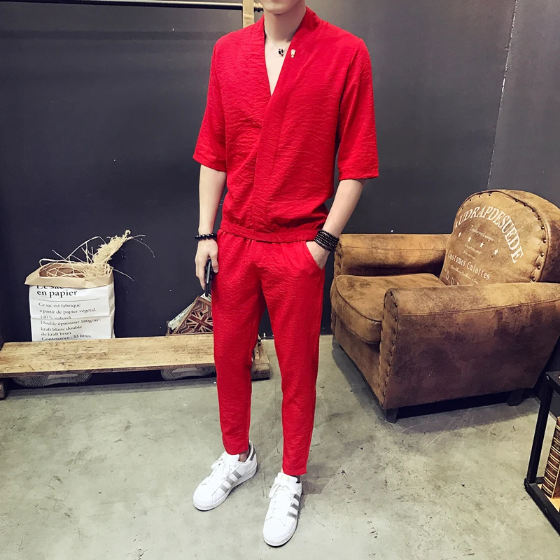 

2019 2Pcs Men Sets Fashion Street Wear Solid Men V-Neck T-shirt+pants Tracksuits Casual Pockets Drawstring Sportwear Clothes 5XL