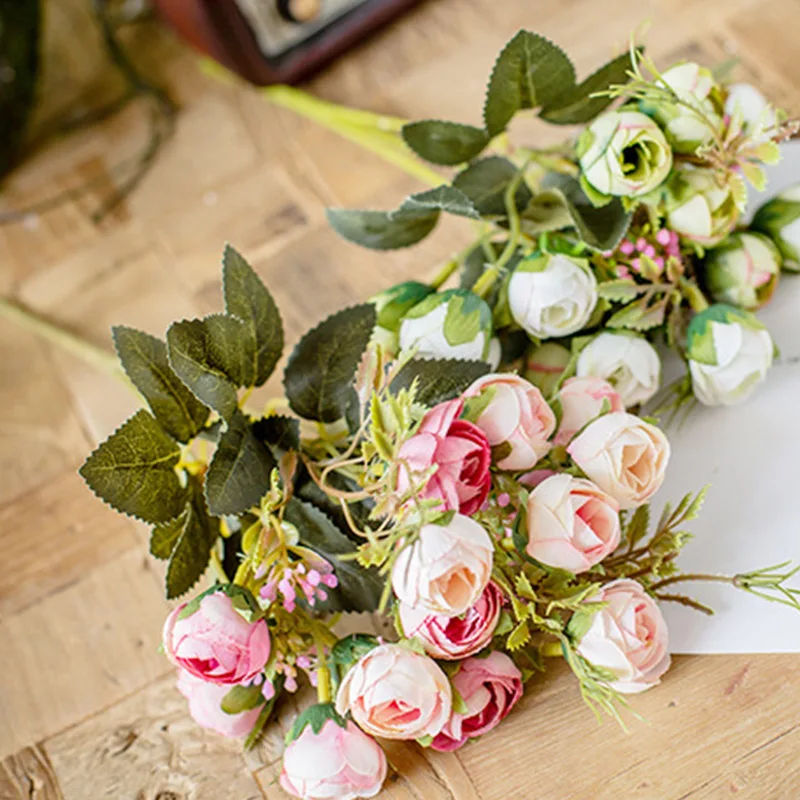 

15 Buds Artificial Tea Rose Flowers 1 Bouquet Silk Real Touch Fake Flower Leaf Plants Wedding Decoration Home Garden Floral 30cm