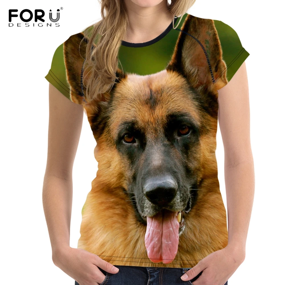 FORUDESIGNS/Милая женская летняя футболка с 3D принтом животных немецкой овчарки, Фитнес футболка с круглым вырезом для девочек, топы с короткими рукавами, футболки, одежда
