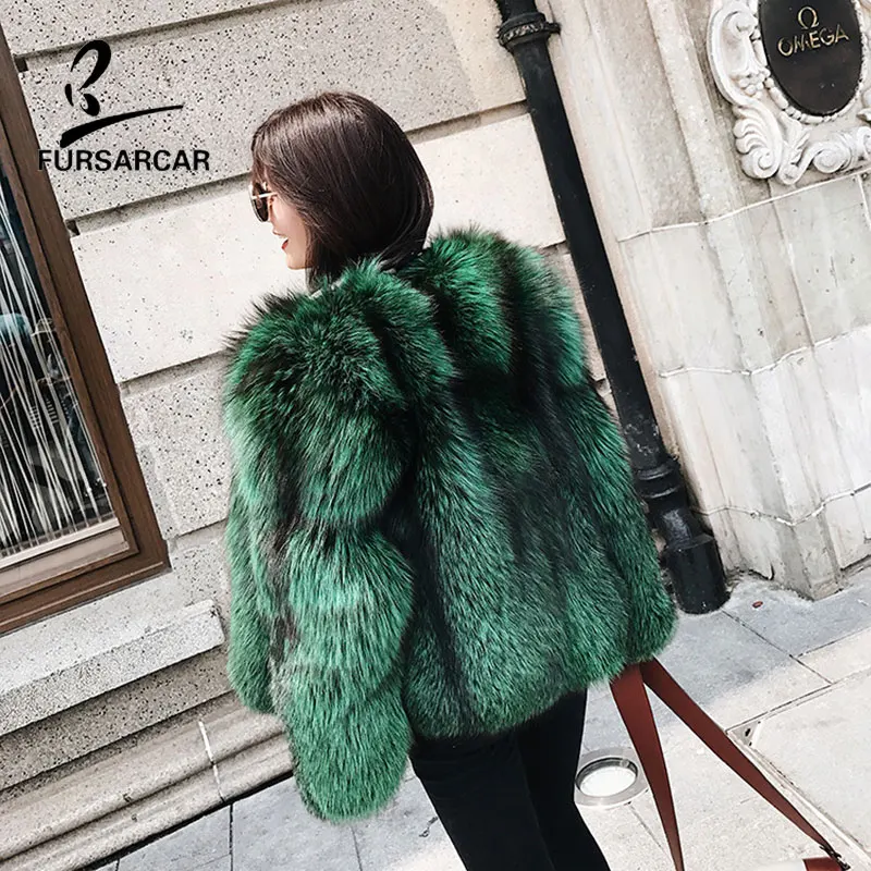 

FURSARCAR Real Fur Jacket Coat Fox Fur Genuine Leather Coat High Quality Short Fox Fur Overcoat Winter Women Emerald Fur Coat