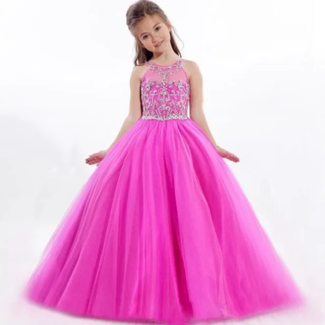 Cheap Adorable Cute Girl Flower Dresses Satin Voile Appliques Crew Infant Hot Pink Ball Gown Sleeveless Evening Party Dress 12 Y 2016