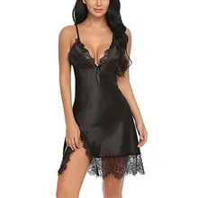 Sexy Com Decote Em V Lace Pijamas Mulheres Preto Nightgowns Cetim Babydoll Erótico Quente Lace Camisola Lingerie Vestido De Noite