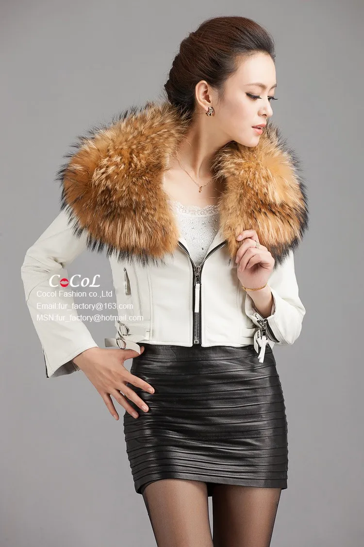 Новая женская куртка из натуральной кожи, пальто из овчины с очень большим воротником из меха енота, леопардовое пальто, EMS