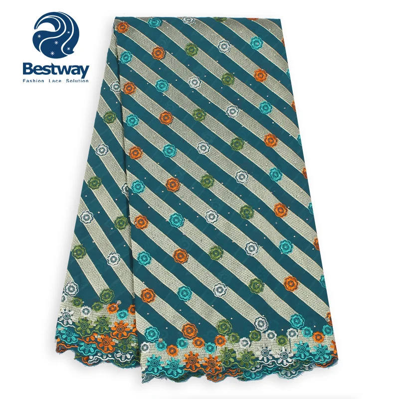 

Bestway Swiss Voile In Switzerland Crossover Fabric Embroidery Flower Cotton African Latest Stone Lace Fabric For Women's Dress