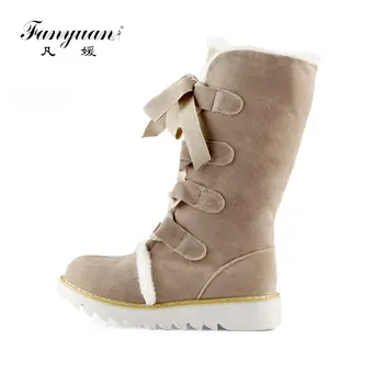 

Fanyuan Comfortable Flat Women Boots Cross-tied Platform Mid-Calf Boots Winter Full Fur warm Shoes Solid Lace-Up Snow Boots