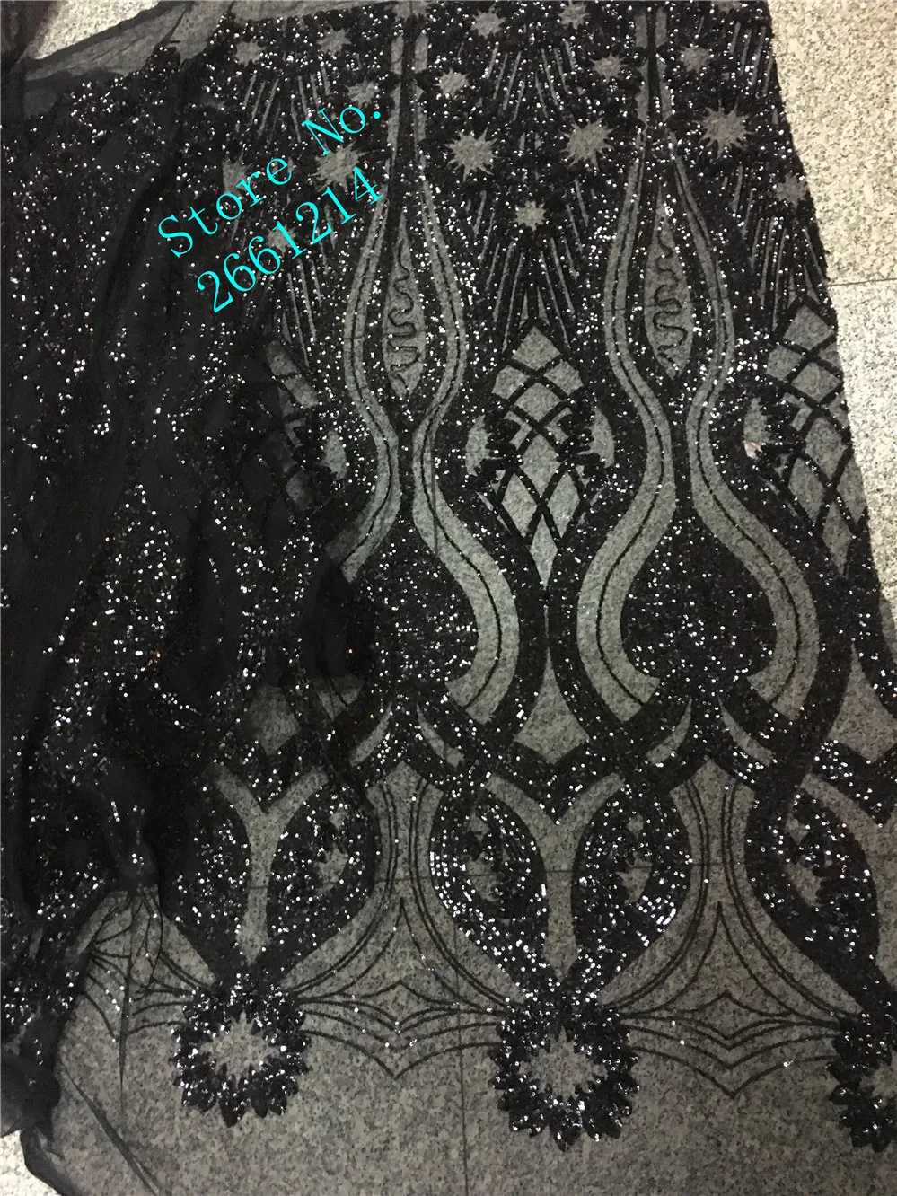 French Net Lace Fabric Latest african sequins lace fabric with embroidery mesh tulle water Black Sequins | Дом и сад