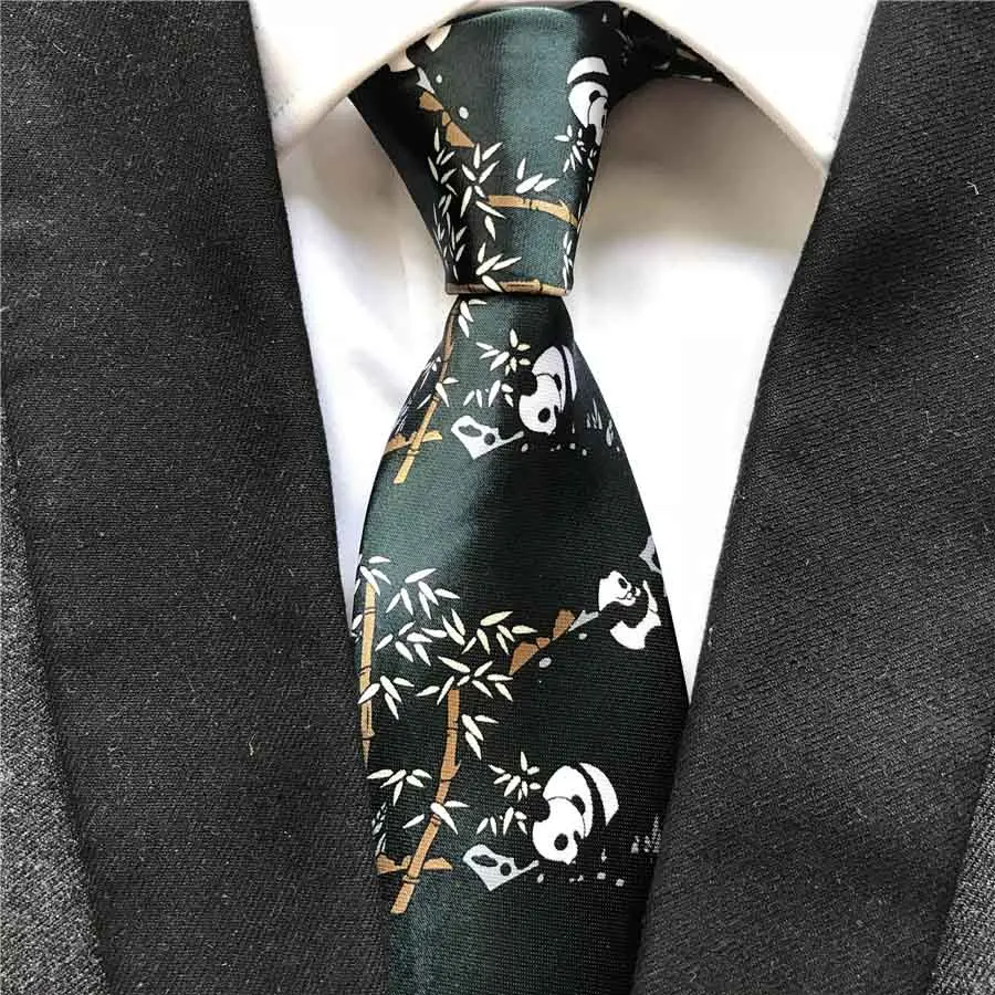 

9cm Designer Men Animal Printed Necktie Black Green Color with Lovely Panda Bamboo Pattern