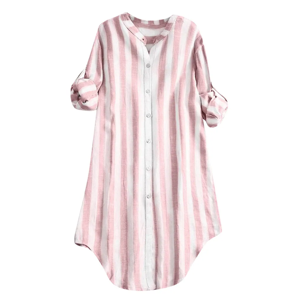 JAYCOSIN, модная брендовая женская блузка, летняя, на пуговицах, пуловер, хлопок, в полоску, топ размера плюс, туника, блузки для больших дам, Jul03 - Цвет: Розовый