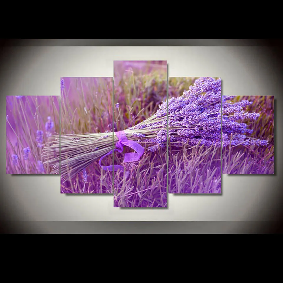 Художественная живопись модульные картины рамки 5 панель фиолетовый цветок лаванды домашний Декор стены гостиной HD Печатный современный холст