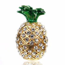 2.5*1.5IN Metal & Crystal Pineapple Trinket Box Miniature Figurine Home Decoration Accessories Earring Ring Storage Case Crafts