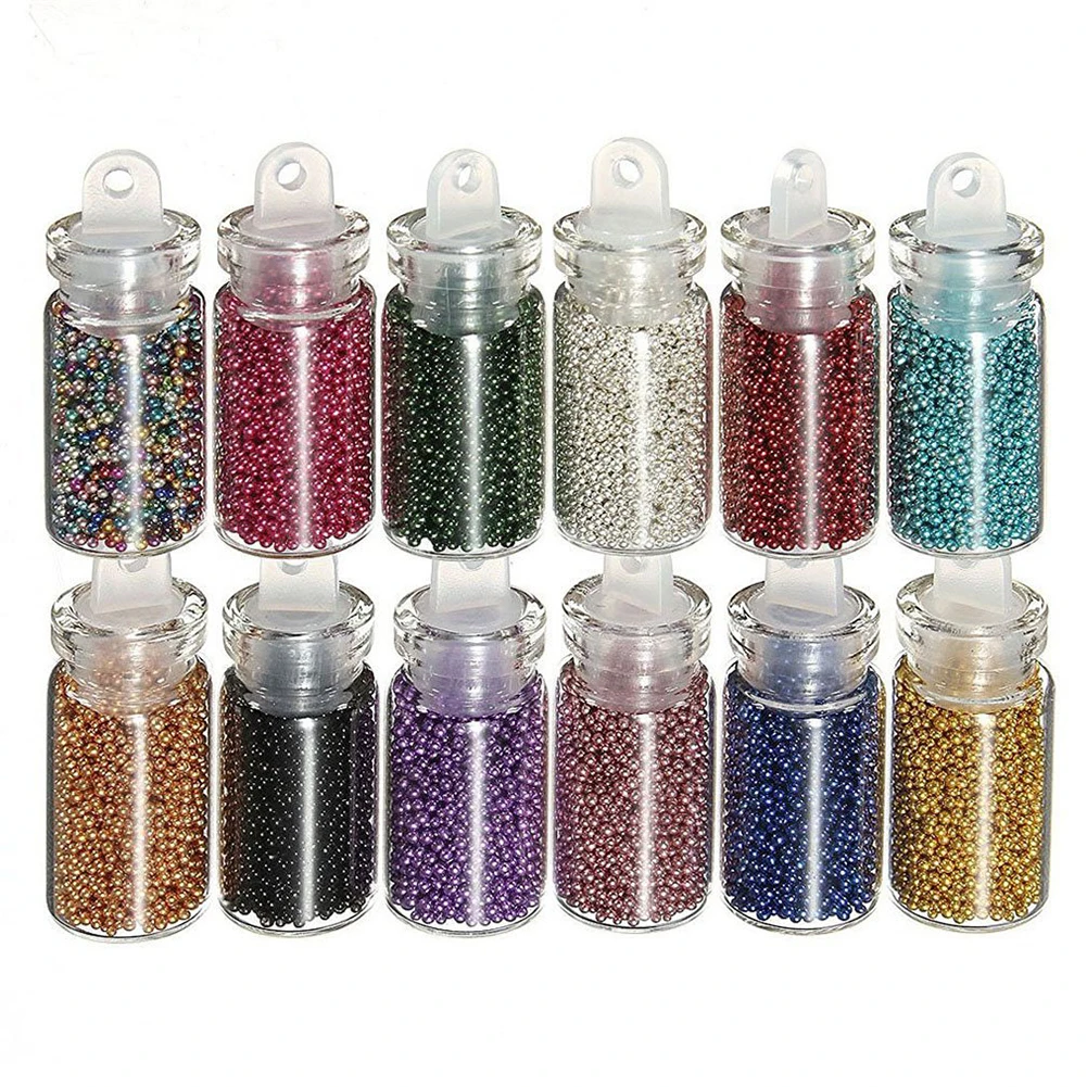 

12 Pcs 3D Colorful Mini Beads Pearls Caviar Nail Art Manicure Decorations With Clear Glass Bottle Different Colors Colorful