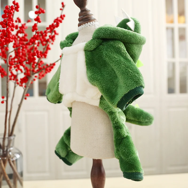 Green Dinosaur Cosplay Halloween Clothes Pet Dog Cute Csotumes Comfort Flannel Winter Warm Animal Goods Chihuahua Terrier