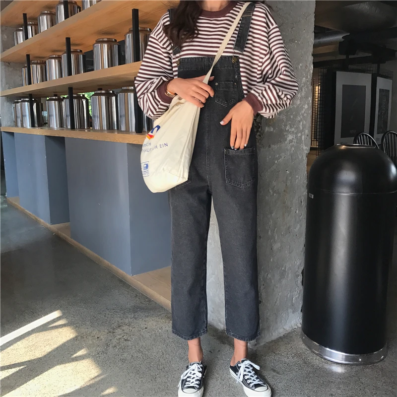 Женские черные комбинезоны джинсовые женские свободные Комбинезоны с карманами Повседневный женский корейский стиль студенческий Модный женский комбинезон
