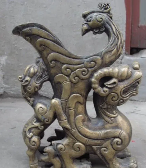 

China Royal Palace Bronze Copper Foo Dog beast with phoenix cup Zun Vase Statue