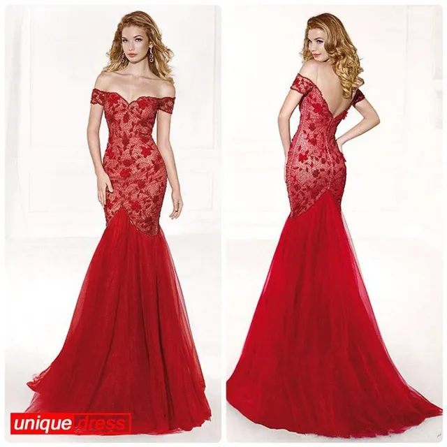 Cheap Sale 2015 Elegant Mermaid Ball Gown White Red Lace Formal Evening