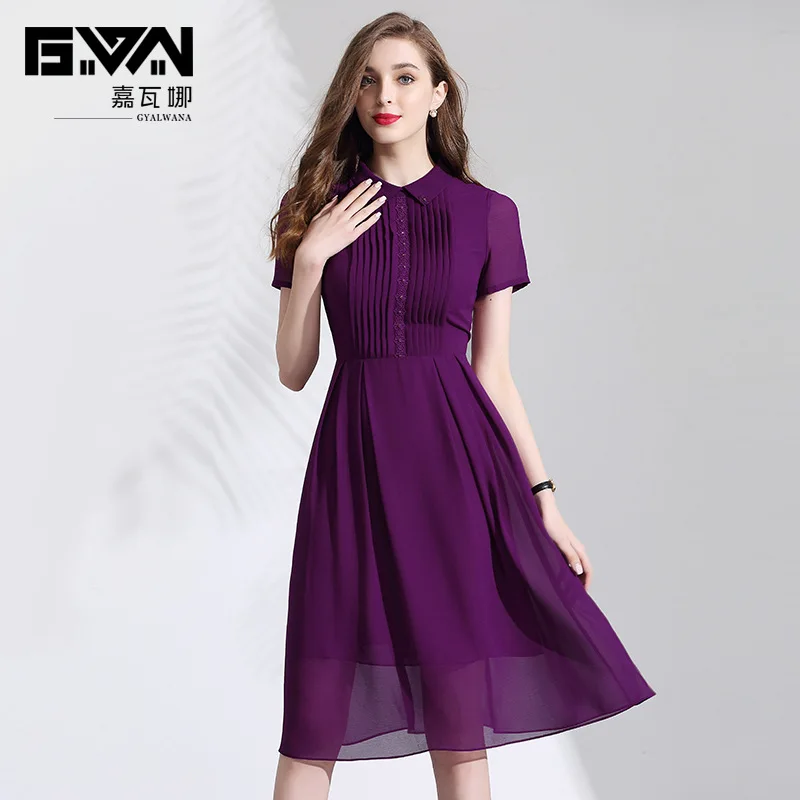

Chiffon Dress 2019 New Summer Women's High End Short Sleeve Purple A-line Elegant Office Lady Purple Dresses