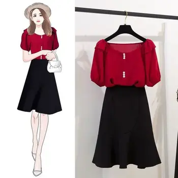 

Summer Casual Women Sets Clothes Pullover Short Lantern Sleeve Tops Knee-length Lotus Leaf Edge Fishtail Black Skirts Brief