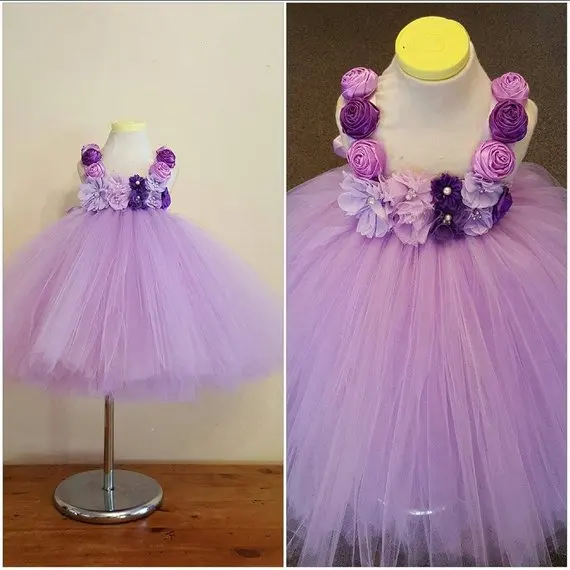 POSH DREAM Lavender Flower Girl Tutu Dress Rose Chiffon Flower Kids Lavender Dress Wedding Bridesmaid Kids Clothes for Girls