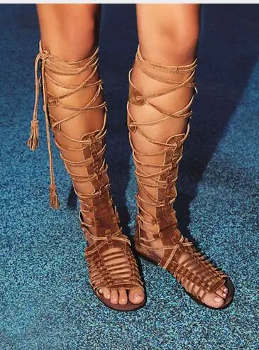 

New Hot Bohemia Style Summer Boots Cross-Tie Fringe Flat Heel Gladiator Sandals Women Knee High Boot Sandals Fashion Shoes
