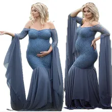 New Maternity Women Lace Stitching Pregnant Women Long Sleeve Fishtail Dress Long Skirt Photography Props flying Sleeve Dresses