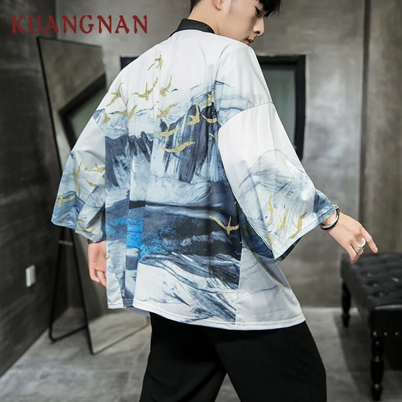 KUANGNAN Wild Goose Print Kimono Men Japanese Kimono Cardigan Harajuku Kimono Shirt Men Streetwear Hawaiian Shirt Men