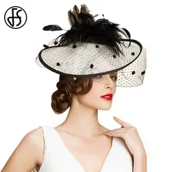 FS британский стиль вуалетки свадебные с вуалью перо для женщин Элегантная шляпа "Кентукки" черные белые церковные шляпы леди льняные федоры