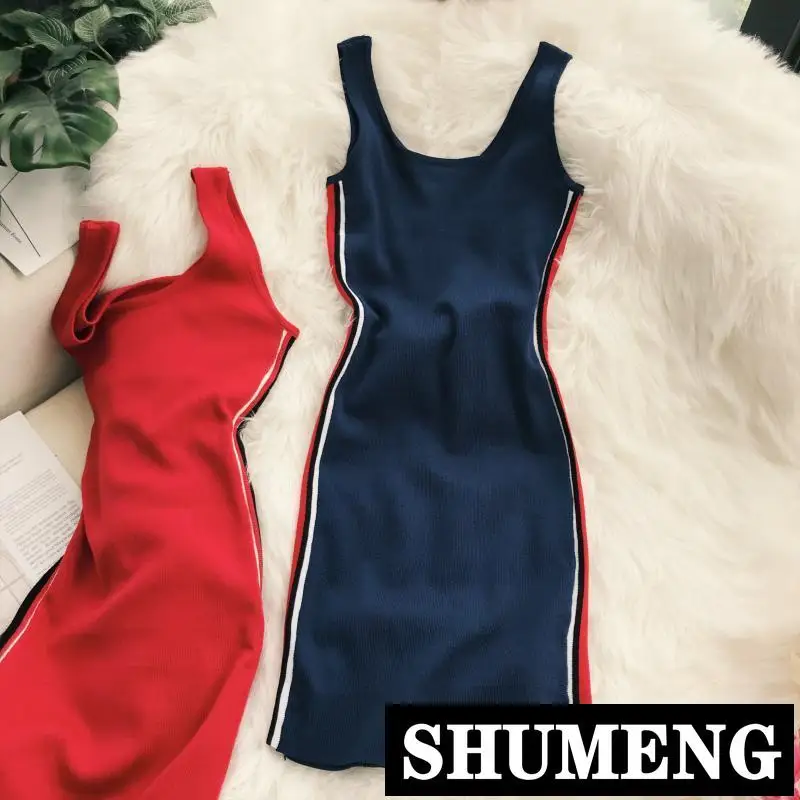 

New Women's Casual Sports Dress Side Color Stripe Round Collar Sleeveless Knitted Vest Stretch Tank Dress