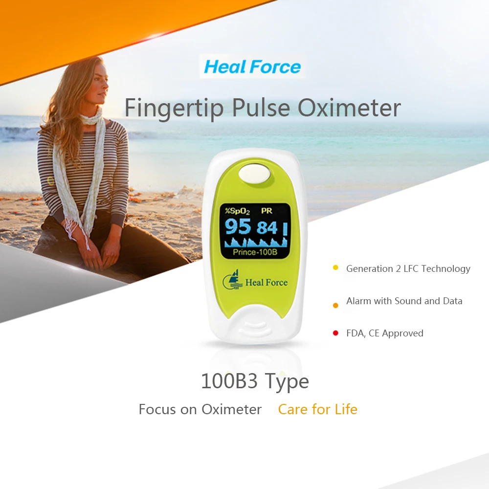 

Heal Force Medical OLED Fingertip Pulse Oximeter Blood Oxygen Saturation Monitor SPO2/PR/PI Detect Oximetro Alarm with Pouch