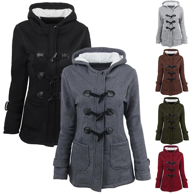 New Women Hooded Ox Horn Button Long Sleeve Coat Outwear Ladies Warm Jacket Tops