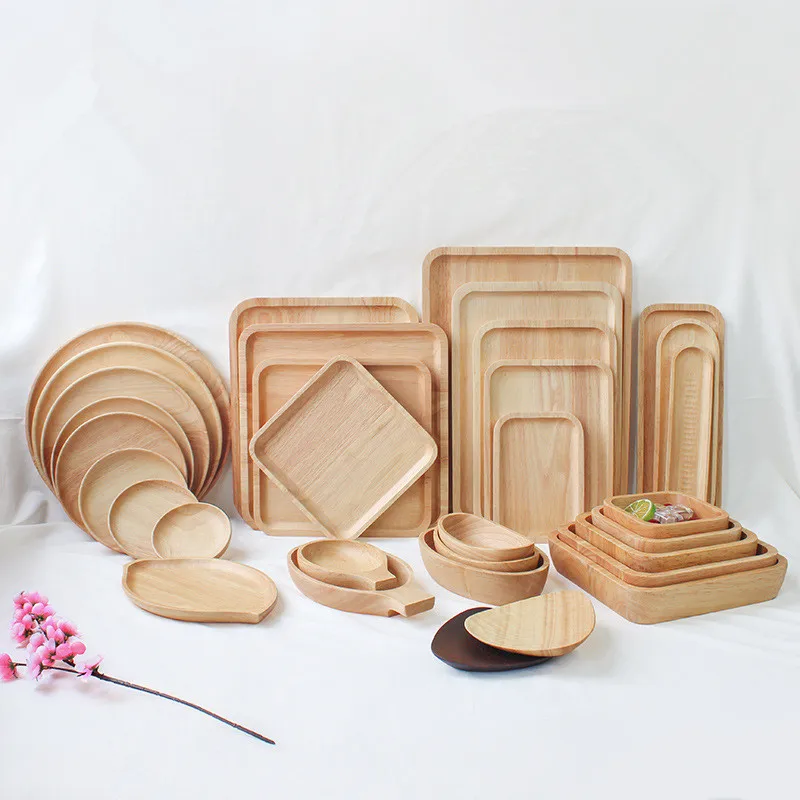 

Rubber Wood Pan Plate Fruit Dishes Saucer Tea Tray Dessert Dinner Bread Wood Plate Japanese Round/Rectangle/Square/Oval Shape