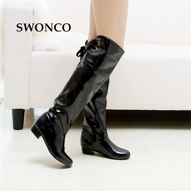 SWONCO/женские высокие сапоги г. Осенне-зимние сапоги до колена из искусственной кожи женская обувь кожаные сапоги Женская обувь черного цвета размеры 34-47