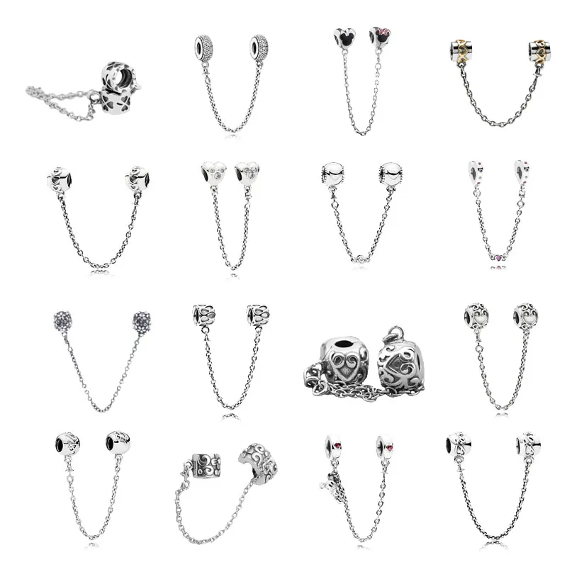 

925 Silver Bead Charm Sparkling Heart Openwork Safety Chain Fit Original Pandora Bracelet Women DIY Europe Jewelry Birthday Gift