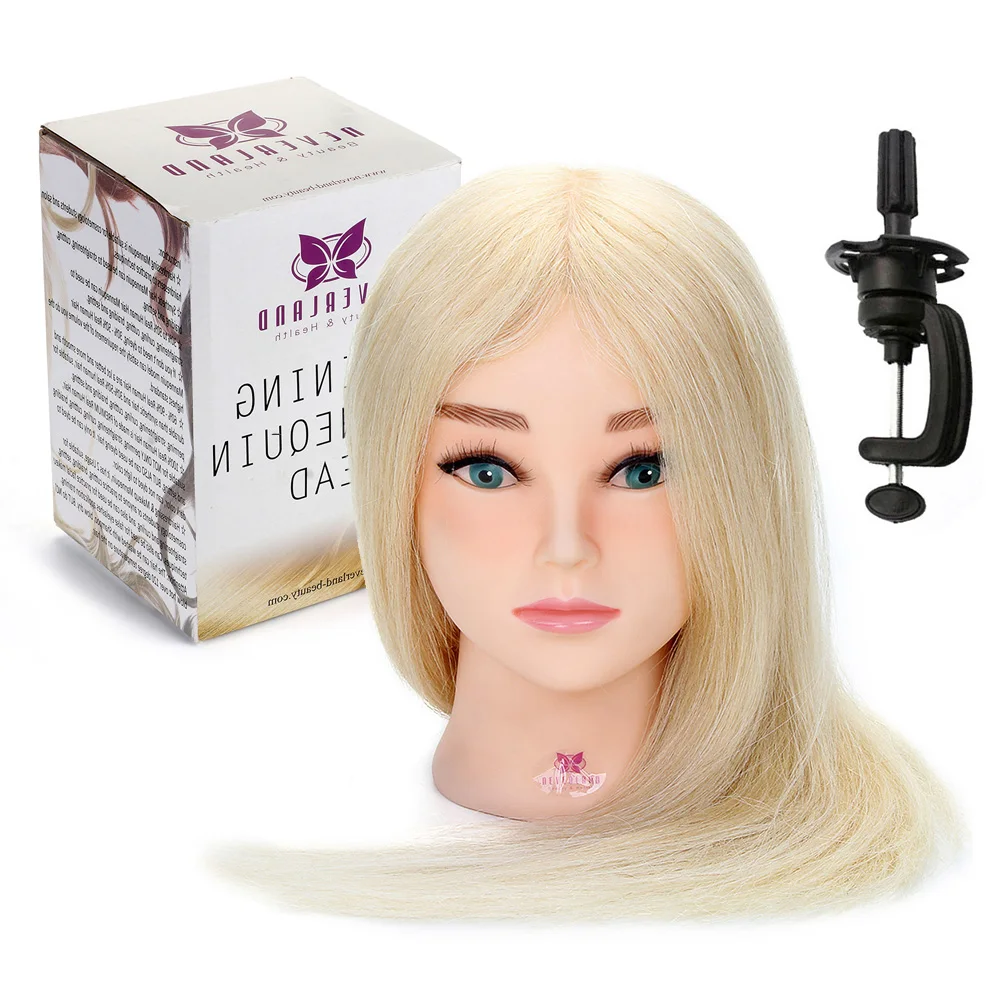 

20'' Salon Training Head Blue eye Hairdressing Dummy Doll 100% Real Hair Cosmetology Mannequin Head With Stand Hairstyle Doll