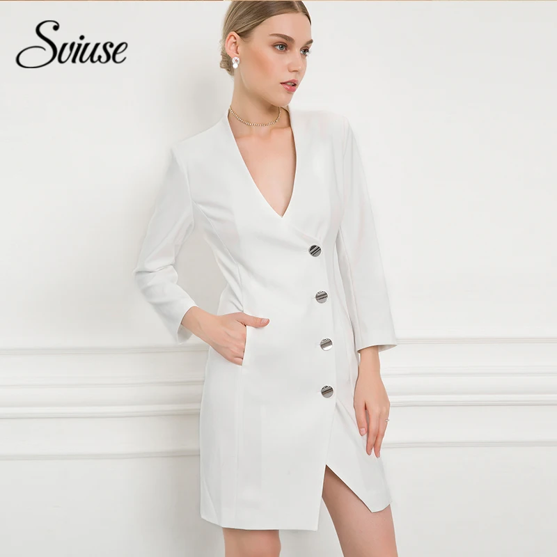 Female White Long Blazer Autumn V neck Three Quarter Sleeve Single