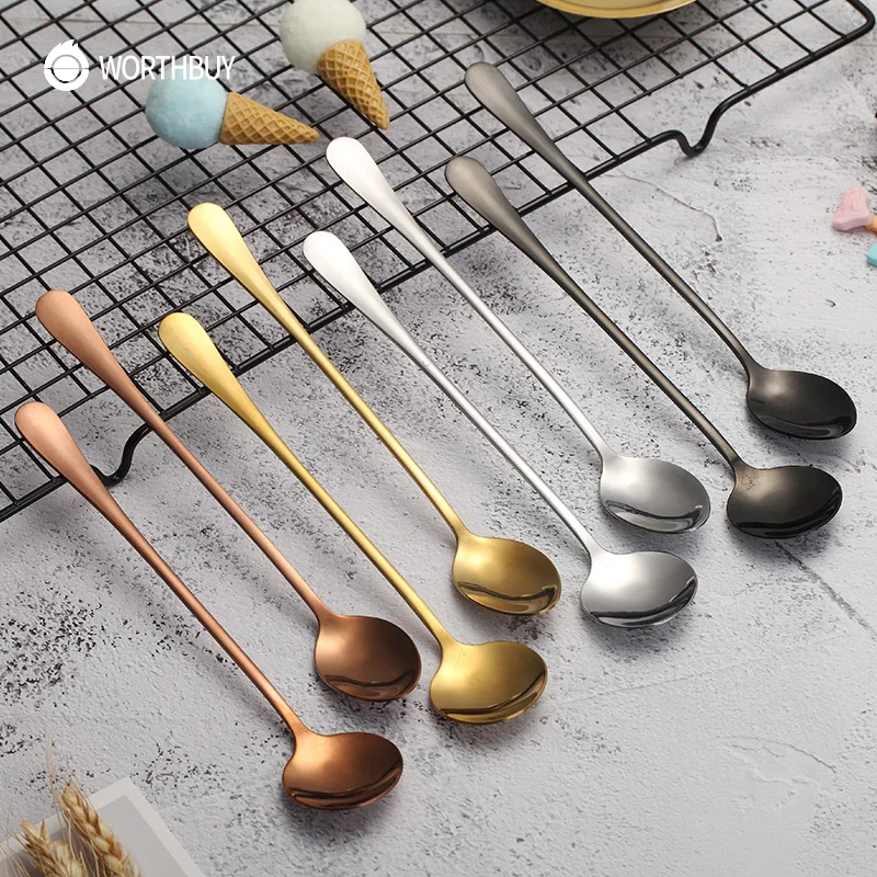 

WORTHBUY 2 Pcs/Set Colorful Stainless Steel Tea Spoon Long Handle Coffee Spoon Set Kitchen Accessories Dessert Coffee Tea Scoop