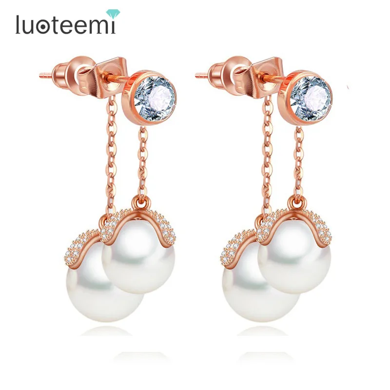 LUOTEEMI Rose Gold Elegant Stylish Zircon Micro Paved Double Imitation Pearl Tassel Dangle font b Earrings
