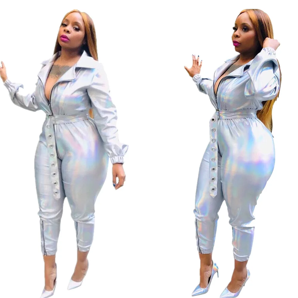 

PU Leather Jumpsuit Sexy Bodycon Belt Women Zipper Front Long Sleeve Skinny Catsuit playsuit Party Club Laser Silver Romper